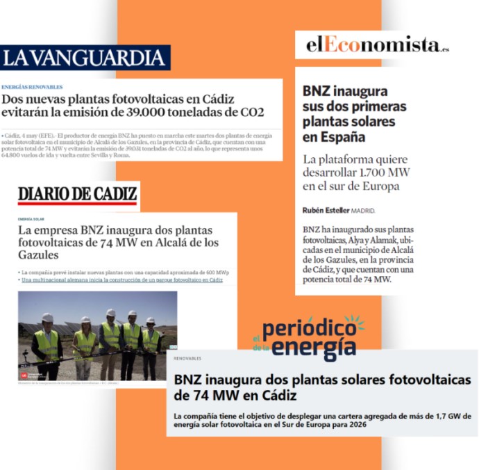 The inauguration of the first photovoltaic plants of the BNZ portfolio in Cádiz, Spain, in the media